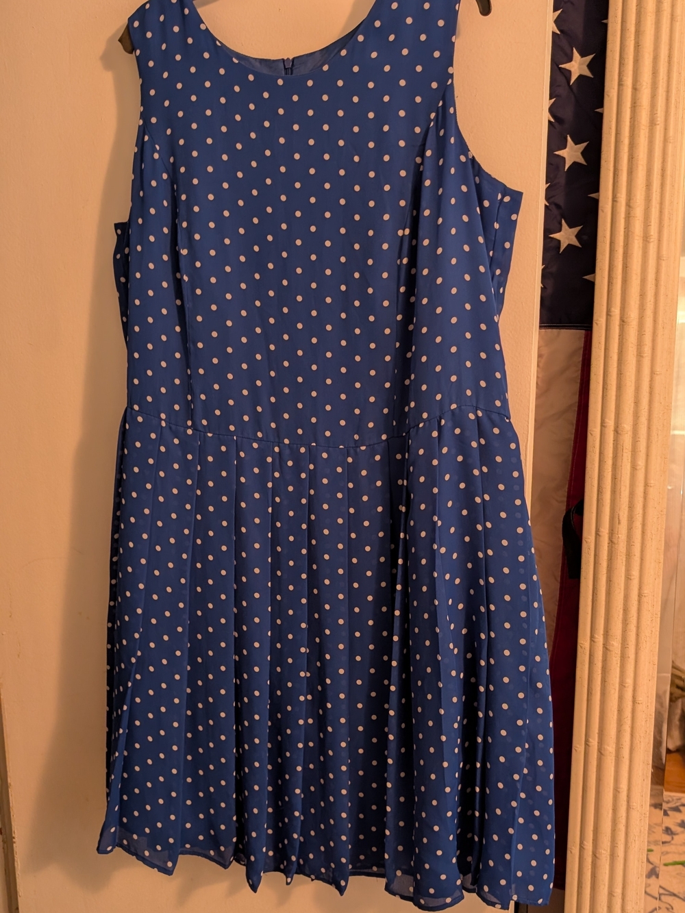 Blue Polka Dot Midi Dress - Sleeveless Flared Silhouette